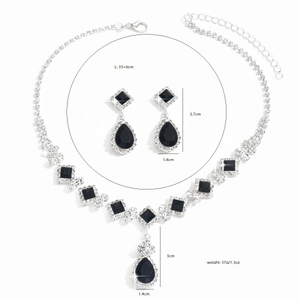 Detailed specs of bridal jewelry set with black teardrop crystal necklace and earrings