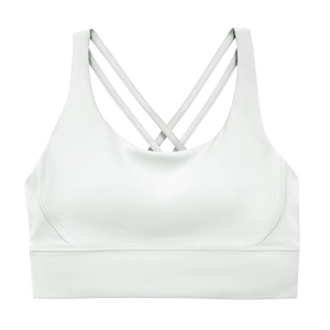 Dettaglio delle spalline incrociate sul retro e tessuto del reggiseno sportivo bianco