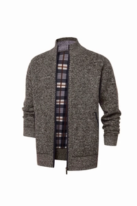 Close-up of knit cardigan jacket with plaid fleece lining and stand-up collar zip