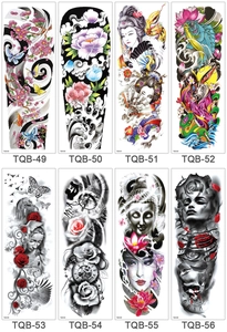 Close-up of 8 waterproof full arm tattoo stickers with flower and skull designs