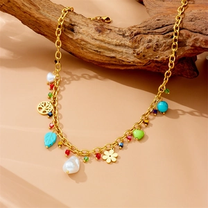European style gold chain pearl necklace with tree of life and colorful cube pendants