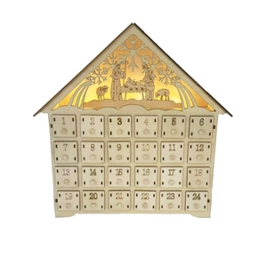 Wooden Advent Calendar house with 24 drawers and LED Nativity Scene decor