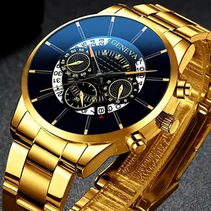 Men Quartz Watch Steel Band Calendar Business Casual Alloy Case Round Dial Wristwatch