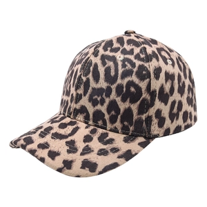 Detail of leopard print baseball cap featuring six-panel construction and reinforced stitching