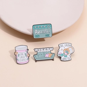 Set of 4 creative mental health enamel pins featuring cartoon medicine bottle shapes