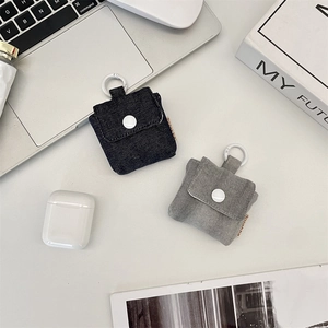 Mini denim protective cases for Bluetooth earphones in navy and gray with button closure