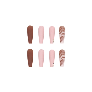 Long ballerina press-on nails in chocolate brown marble with sparkling diamond accents