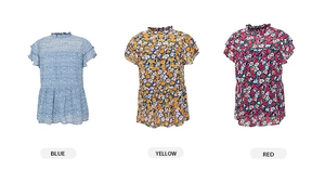 Three colors of floral short sleeve tops with ruffled necklines in blue, yellow, and red