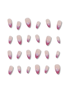 Macro display of 24 almond-shaped press on nails with glitter tips and star patterns