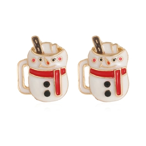 Exquisite Christmas snowman mug stud earrings in white enamel and gold metal finish