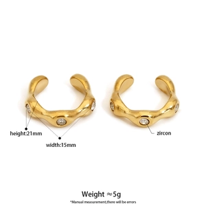 Gold wavy zircon ear cuffs in 316 stainless steel with 21mm height dimensions