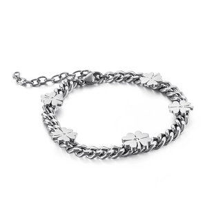 Polished stainless steel clover flower bracelet with Cuban chain and crystal center
