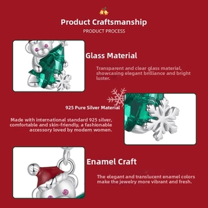 Detail of S925 sterling silver Christmas tree bear charm with green cut glass and enamel