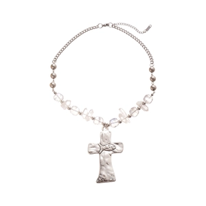 Chunky acrylic cross pendant necklace with silver fish relief and irregular crystal beads