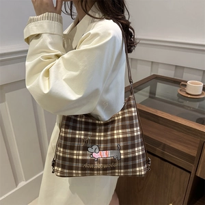 Vintage brown plaid tote bag featuring dachshund embroidery and large capacity for women