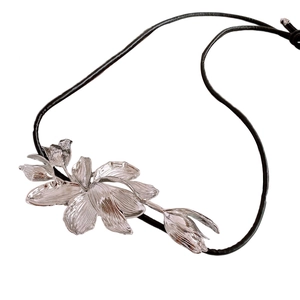 Retro leather cord waist chain featuring a silver tulip flower pendant for women