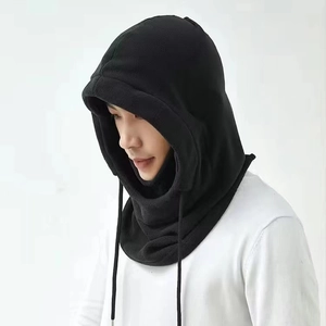 Men's winter fleece windproof hood mask with adjustable drawstring in black