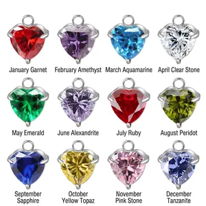 12-month heart birthstone charms set in stainless steel with colorful zircon stones