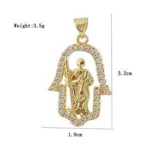 Detail of gold-plated Virgin Mary cross pendant with white zircon and dimensions