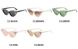 Detail of cat-eye sunglasses with rhinestone edges and crystal accents in five colors