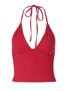 Haut licou rouge coupe ajustée avec décolleté en V profond et tissu extensible