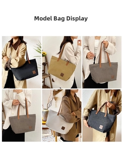 Multiple colors of large canvas tote bags with leather handles shown in lifestyle shots