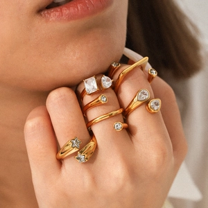 18K Gold Plated Stainless Steel Open Rings For Women Minimalist Geometric Cubic Zirconia Adjustable Finger Jewelry