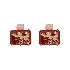 Vintage red enamel square earrings with gold branch relief and pink gemstone accents