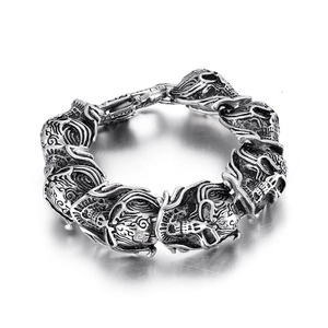 Bracelet à maillons crâne punk vintage pour hommes en acier inoxydable argenté