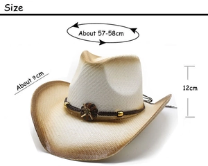 Detail view of straw cowboy hat showing size 57-58cm, 9cm brim and 12cm height
