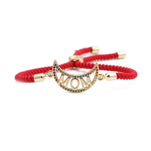 Adjustable red rope bracelet with gold crescent moon charm featuring MOM and multi-color zircon