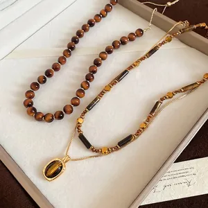 Tiger eye stone beaded necklace set with double-layered vintage pendant and gold plating