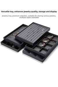 Macro detail of black leather jewelry display trays showing ring slots and dividers