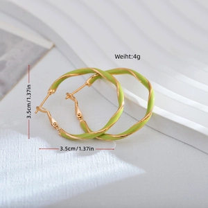 Elegant gold and green enamel twisted hoop earrings, 3.5cm diameter for women