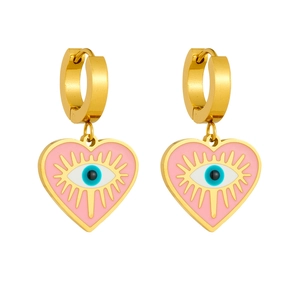 Pink heart-shaped drop earrings with evil eye design in gold stainless steel