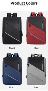 Business backpack color options in black red blue and grey with USB charging port