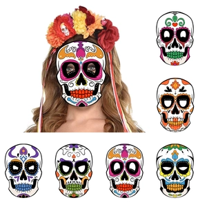 Day of the Dead sugar skull masks set with colorful floral headbands for Halloween parties