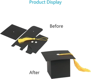 Detail showing before and after assembly of a black graduation cap gift box with yellow tassel