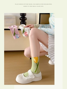 Detail of sweet cotton mid-calf socks featuring 3D tulip embroidery in pastel colors