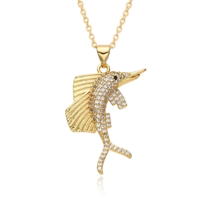 Macro shot of sailfish pendant necklace featuring gold plating and micro-pave zircons