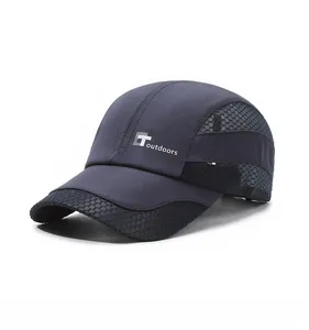 Detail of navy quick-dry sports cap with breathable mesh panels and Toutdoors logo