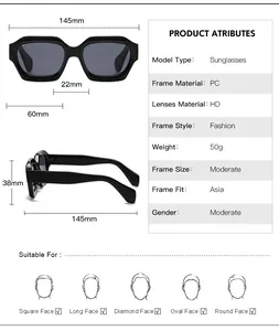 Detailed size chart for retro polygon sunglasses showing dimensions and technical specs