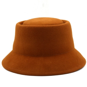 Chic caramel wool felt bucket hat for women with a vintage minimalist flat top design