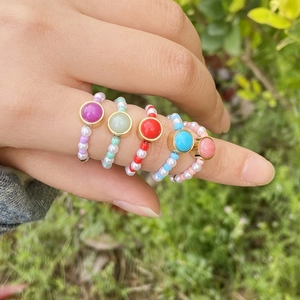 Handmade Beaded Ring Natural Stone Stainless Steel Rice Artificial Pearl Beads Boho Colorful Elastic Fashion Jewelry For Women