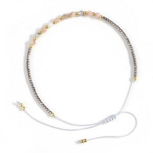 Handmade woven Miyuki seed bead bracelet with pink semi-precious stones and adjustable cord