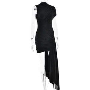 Detail of black slim-fit ruched dress with asymmetrical hem and long ribbon drape