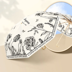 French vintage double-layer sun umbrella with black floral print and gold U-shaped handle