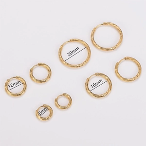Four pairs of golden twisted hoop earrings in sizes 8mm, 12mm, 16mm, and 20mm on white background