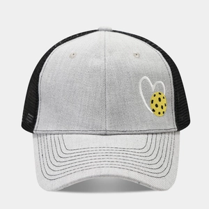 Mesh trucker hat with heart pickleball embroidery and grey denim twill front panel