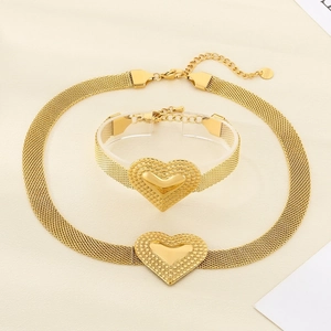 Heart Jewelry Necklace And Bracelet Gold Stainless Steel Mesh Chain Women Fashion Elegant Accessory